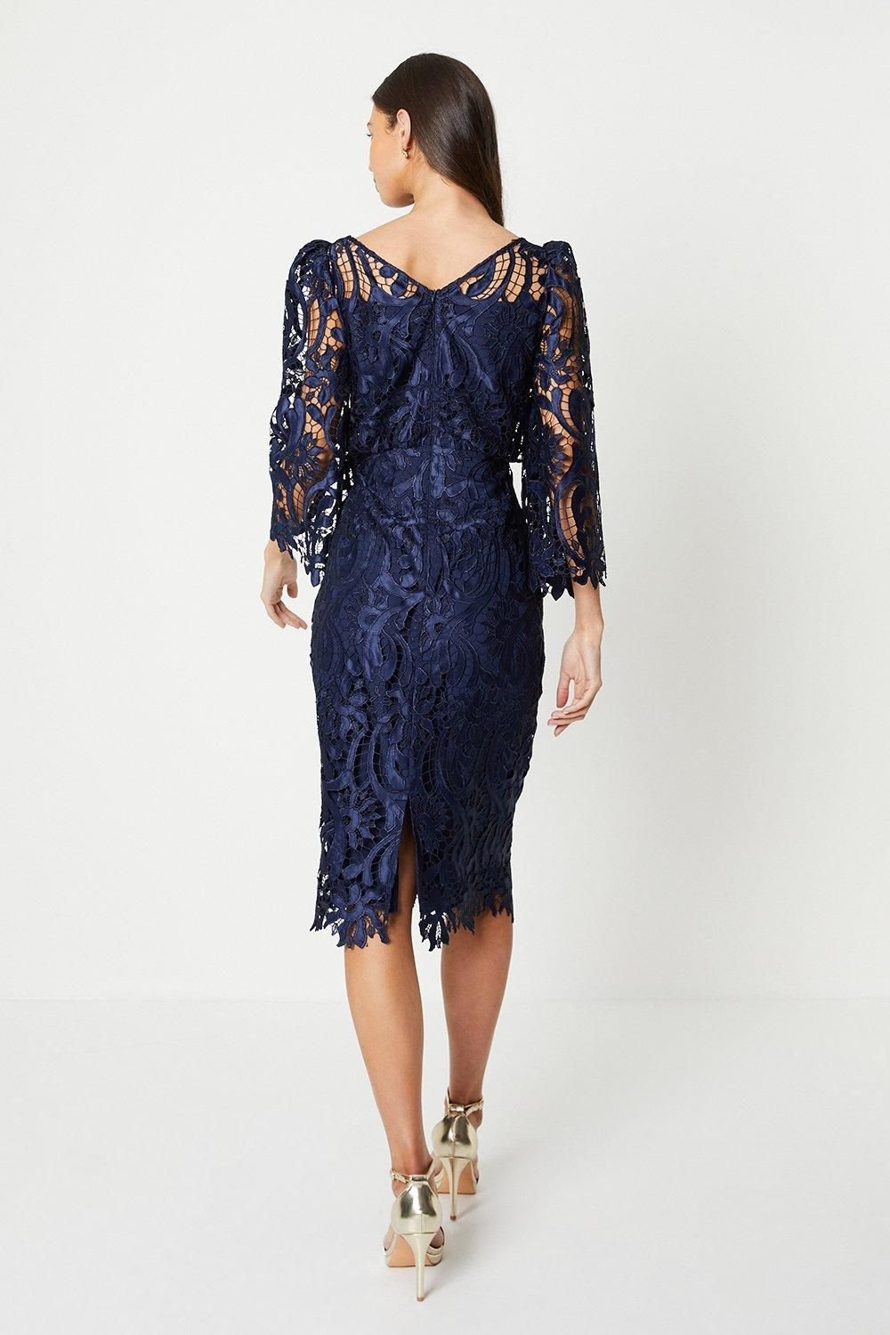 Coast Coast Women's Satin Lace Boat Neck Midi Dress With Fluted Sleeve in Navy - 3