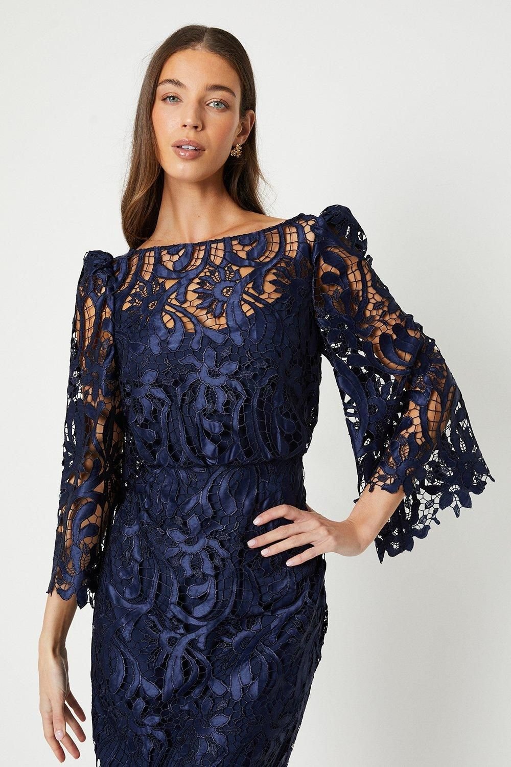 Coast Coast Women's Satin Lace Boat Neck Midi Dress With Fluted Sleeve in Navy - 4
