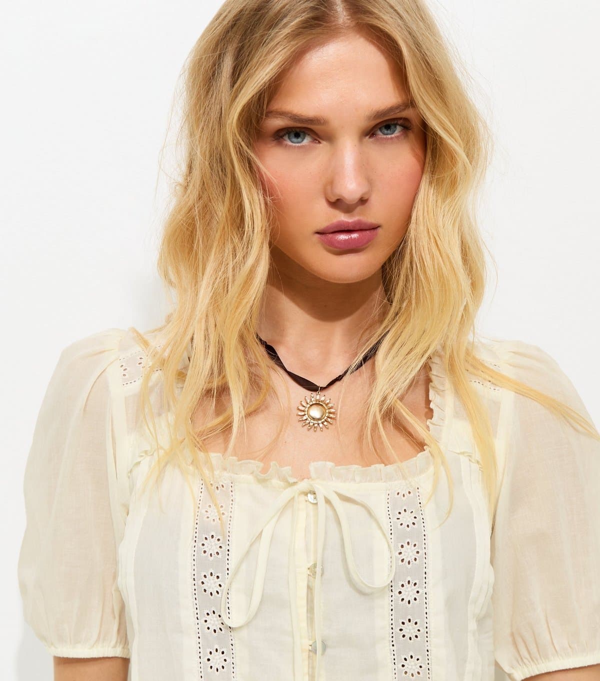 New Look New Look Cream Lace Insert Ruffle Trim Top