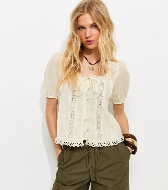 New Look Women's Cream Lace Insert Ruffle Trim Top New Look - 3