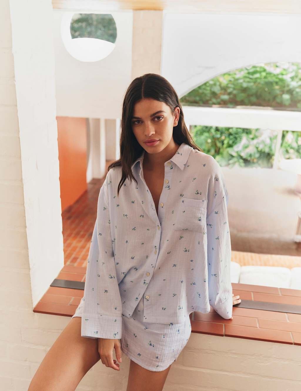 Marks & Spencer M&S Pure Cotton Muslin Printed Pyjama Top Blue Mix