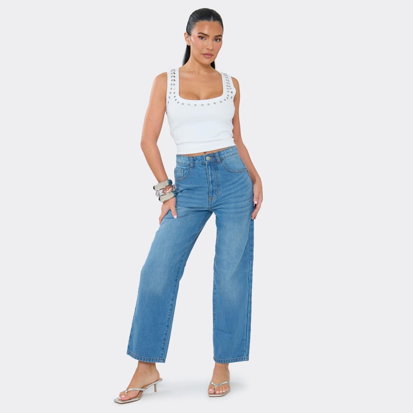 EGO Mid Rise Straight Leg Jeans In Blue Denim, Women's Size UK 8 - 1