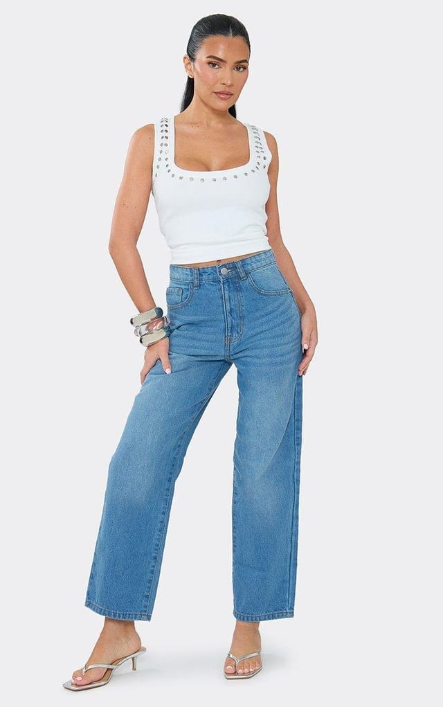 EGO Mid Rise Straight Leg Jeans In Blue Denim, Women's Size UK 8 - 2