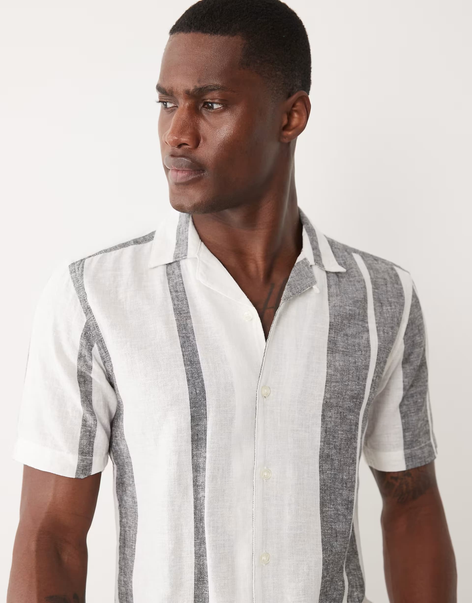 ASOS ONLY & SONS revere collar linen mix shirt in navy stripe
