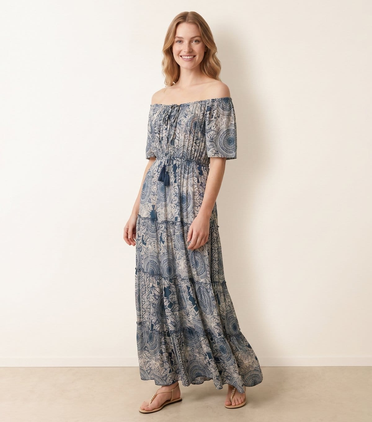 Blue Vanilla Navy Tile Print Off-Shoulder Maxi Dress