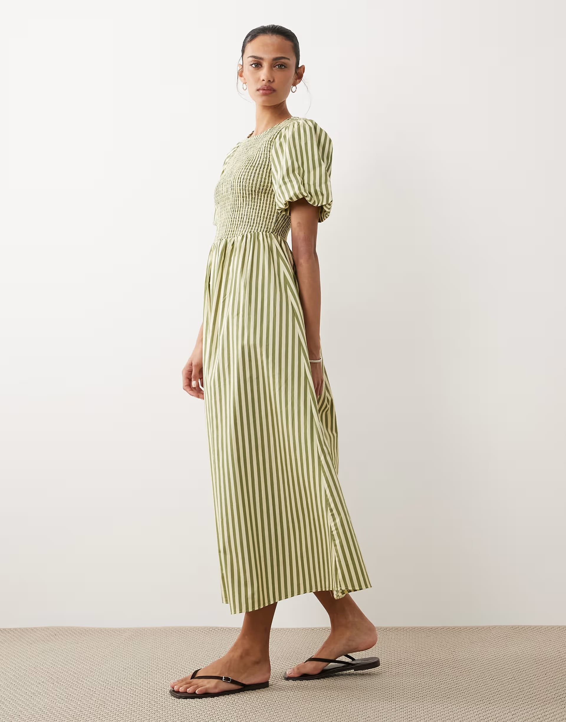 ASOS New Look stripe shirred midi dress in green