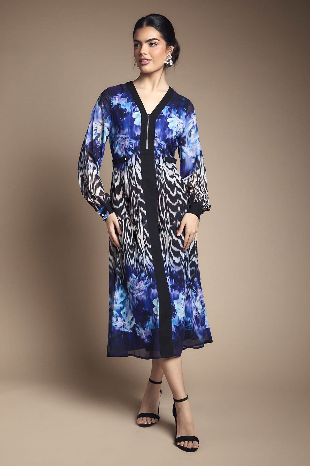 Wallis Wallis Women's Zip Front Floral Border Chiffon Midi Dress in Black