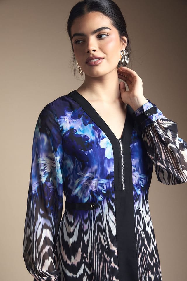 Wallis Wallis Women's Zip Front Floral Border Chiffon Midi Dress in Black - 2