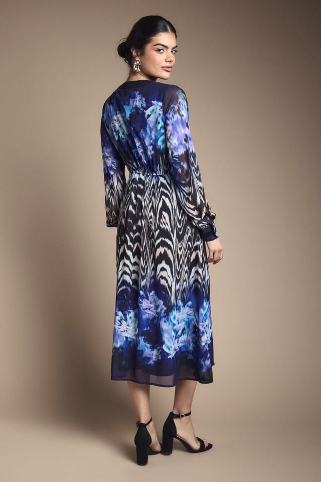 Wallis Wallis Women's Zip Front Floral Border Chiffon Midi Dress in Black - 3