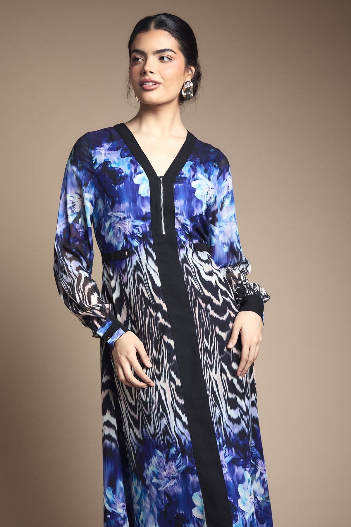 Wallis Wallis Women's Zip Front Floral Border Chiffon Midi Dress in Black - 4