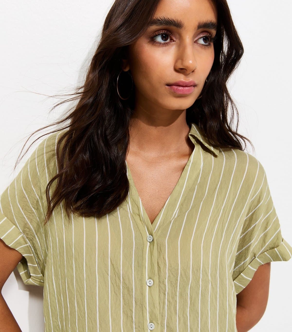 New Look Women's Green Striped Short Sleeve Shirt New Look