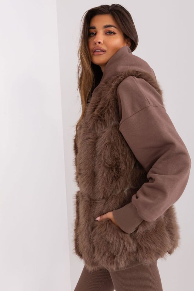 Love Lace Love Lace Women's Lined Polyester Faux Fur Vest with Pockets in Brown - 3
