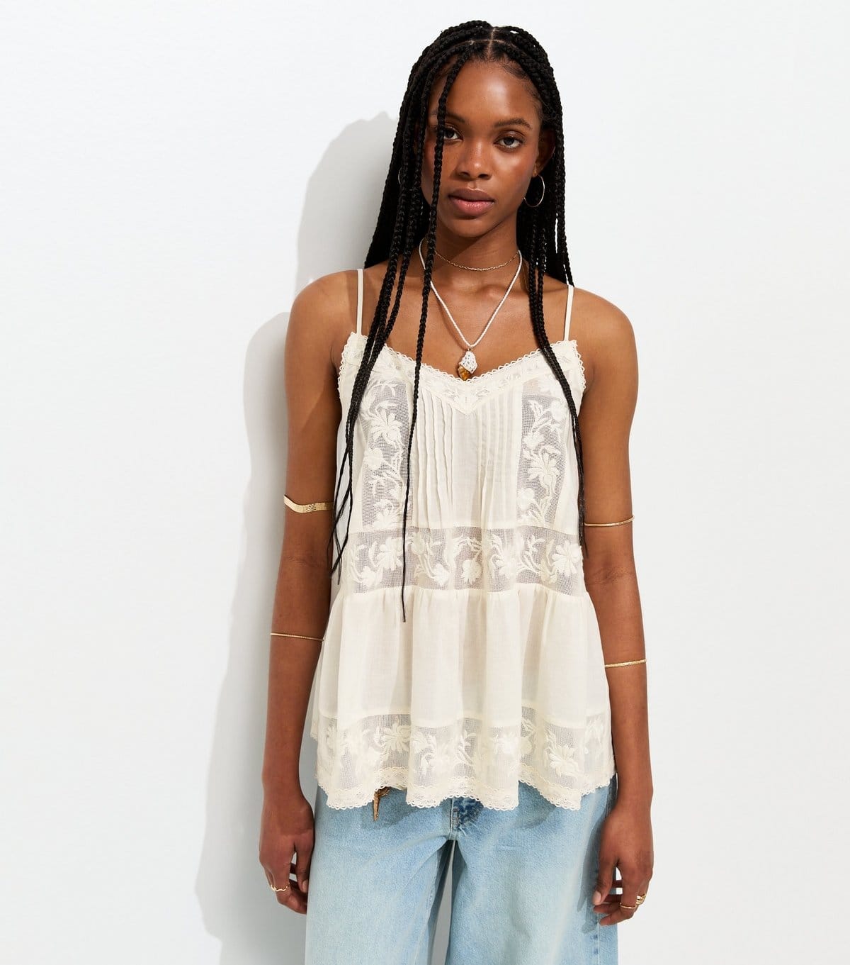 Women's Cream Lace Panel Longline Cami Top New Look