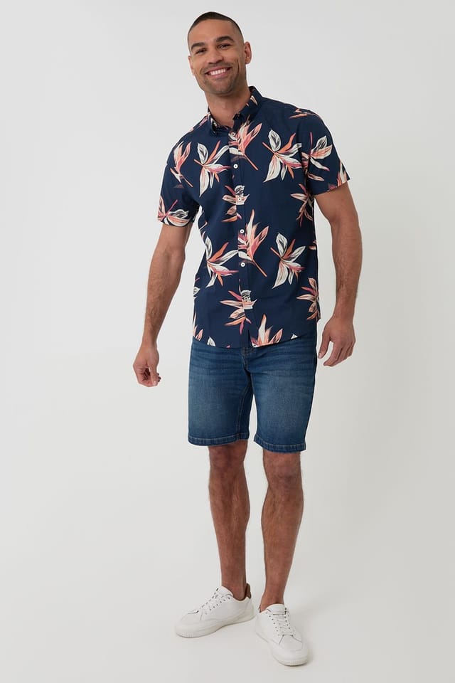 Threadbare Threadbare Men's Tropical Leaf Print Cotton Short Sleeve Shirt in Navy - 3