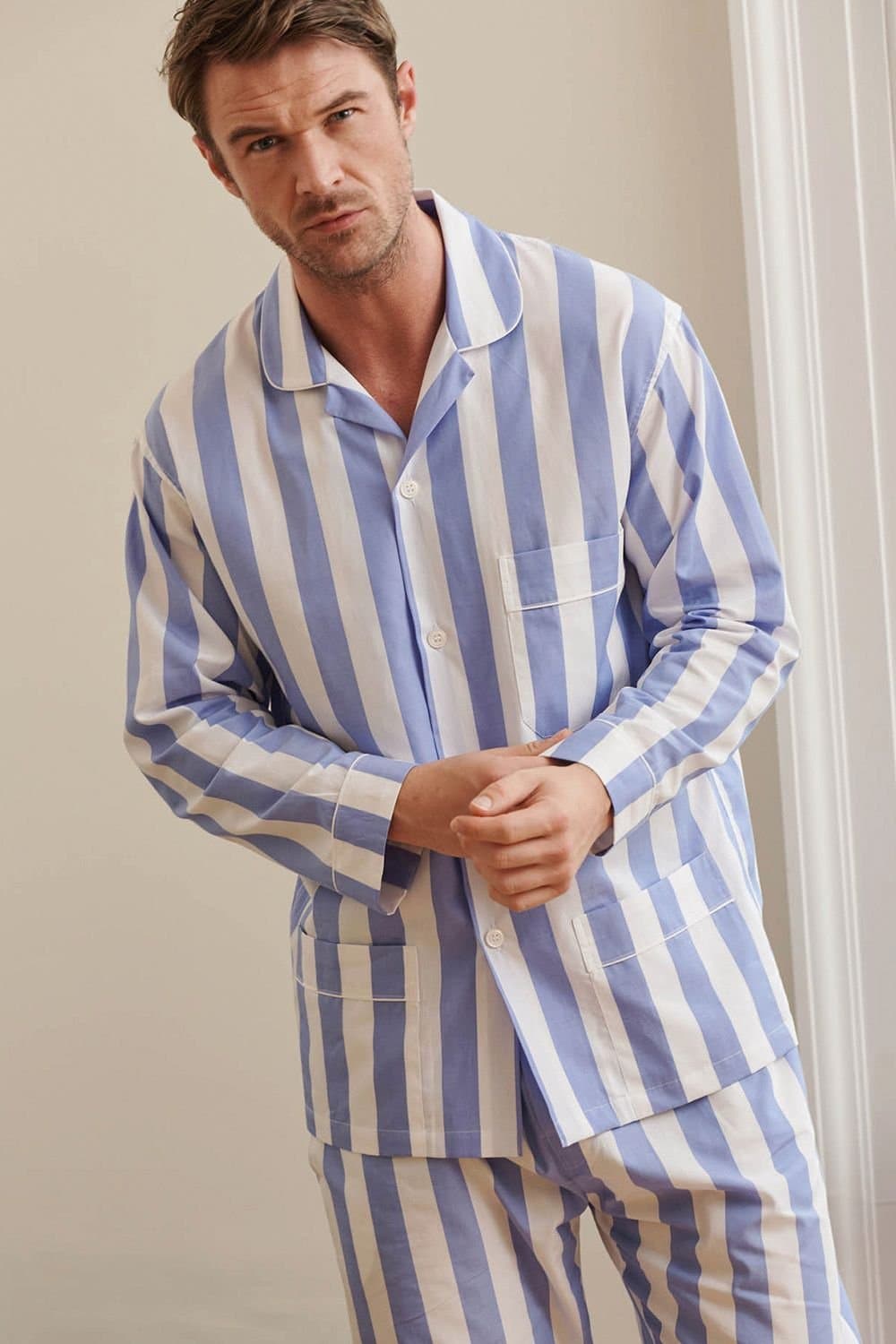 British Boxers British Boxers Men's "Boat Blue" Stripe Crisp Cotton Pyjama Set in Light Blue