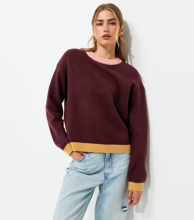New Look Women's Red Midweight Knit Colour Block Crew Neck Jumper New Look - 2