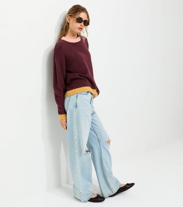 New Look Women's Red Midweight Knit Colour Block Crew Neck Jumper New Look - 3