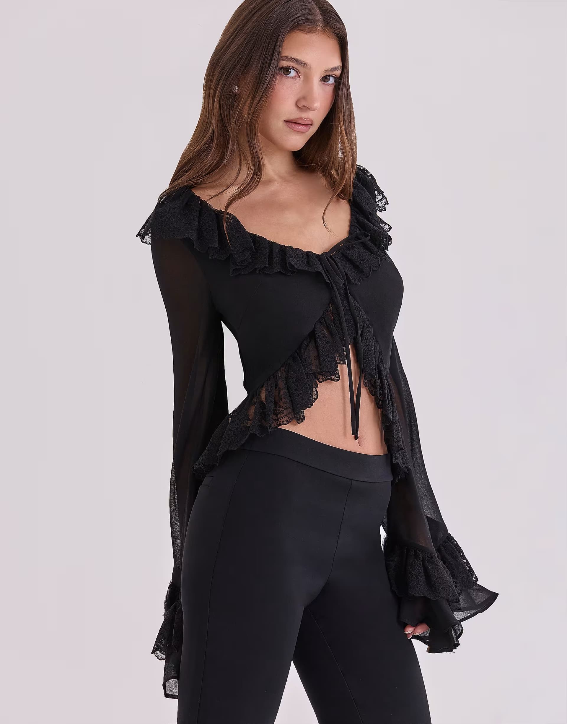 ASOS House of CB Goya black ruffled sleeve blouse in black