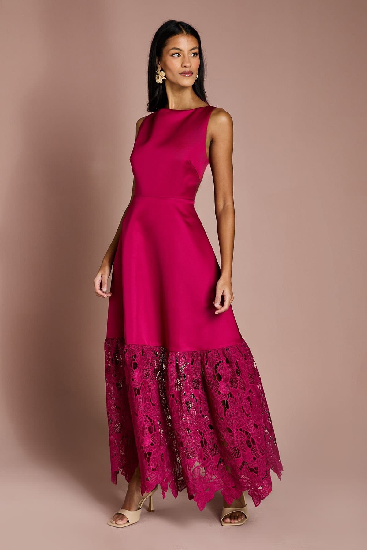 Coast Coast Women's Petite Lace Hem Structured Satin Maxi Dress in Magenta