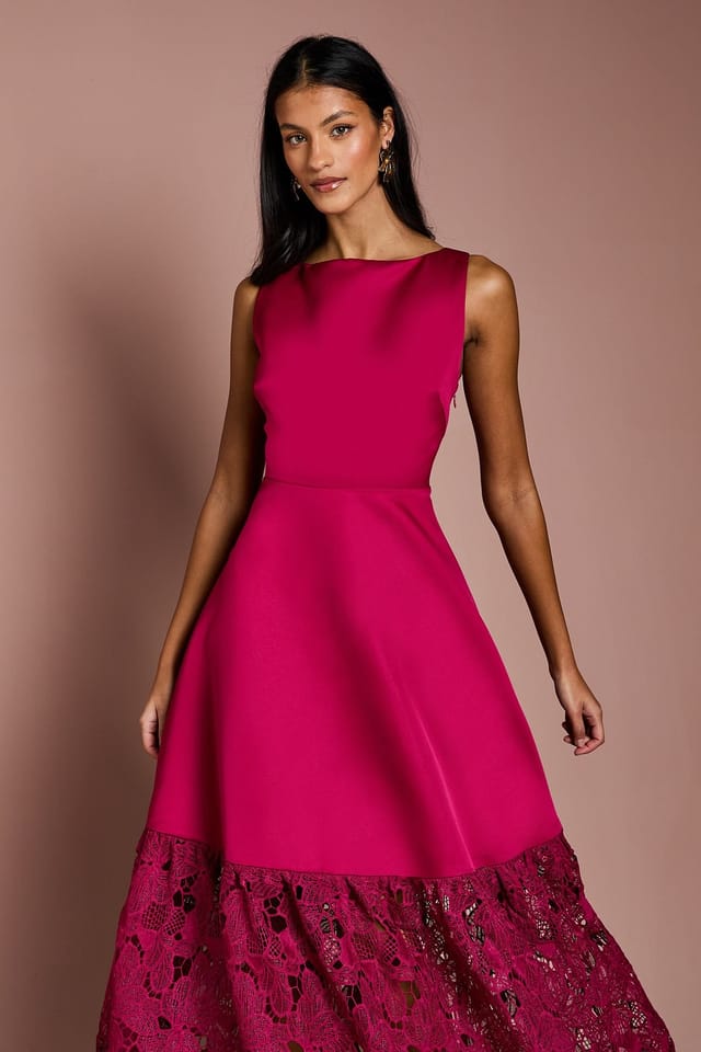 Coast Coast Women's Petite Lace Hem Structured Satin Maxi Dress in Magenta - 2
