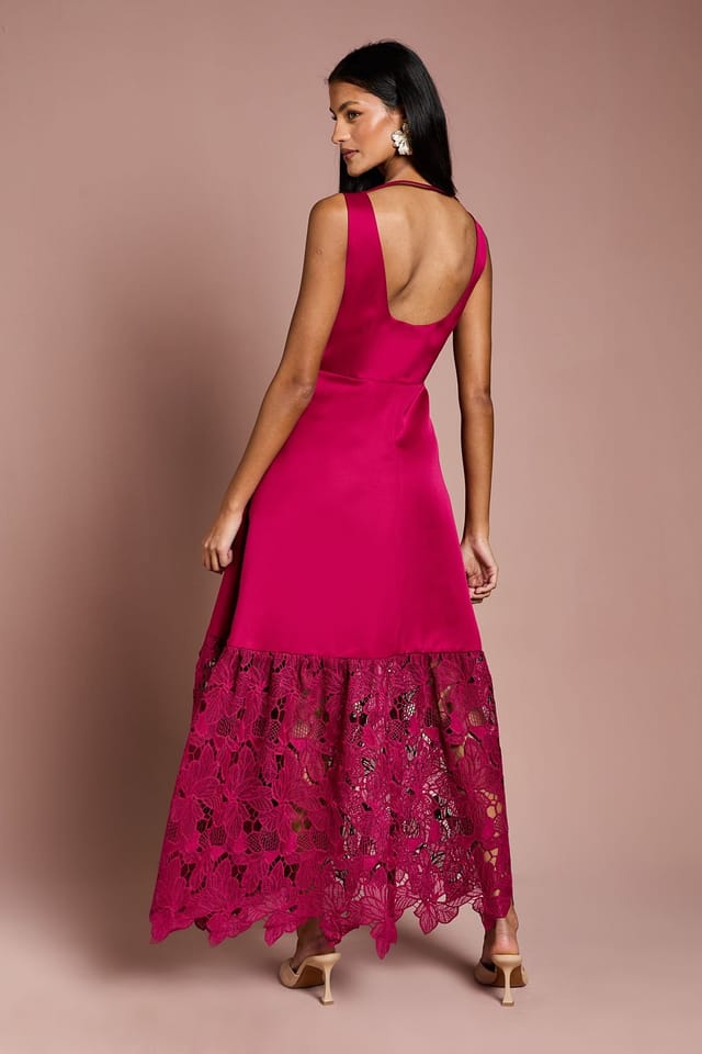 Coast Coast Women's Petite Lace Hem Structured Satin Maxi Dress in Magenta - 3