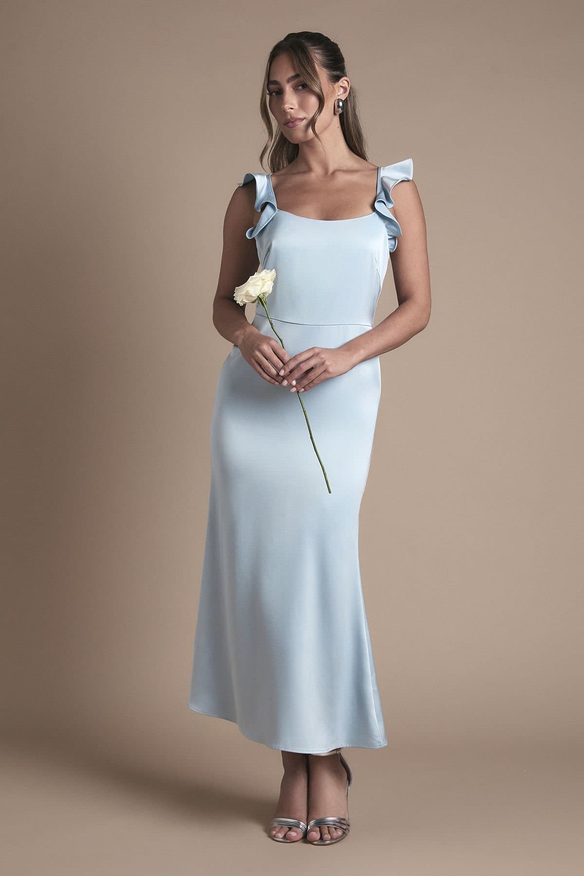 Oasis Oasis Women's Ruffle Square Neck Satin Bridesmaid Midi Dress in Light Blue