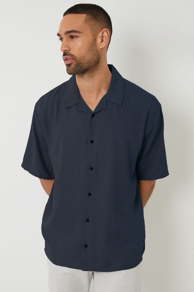 Threadbare Threadbare Men's 'Kylian' Linen Blend Revere Collar Short Sleeve Shirt in Navy - 3