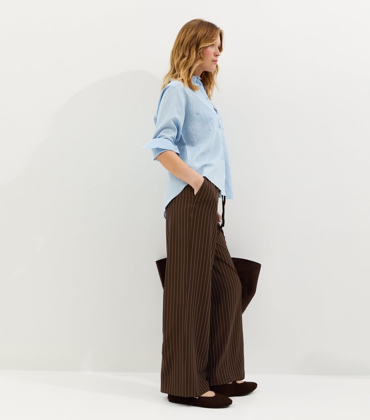 New Look Women's Brown Pinstripe Wide Leg Trousers New Look