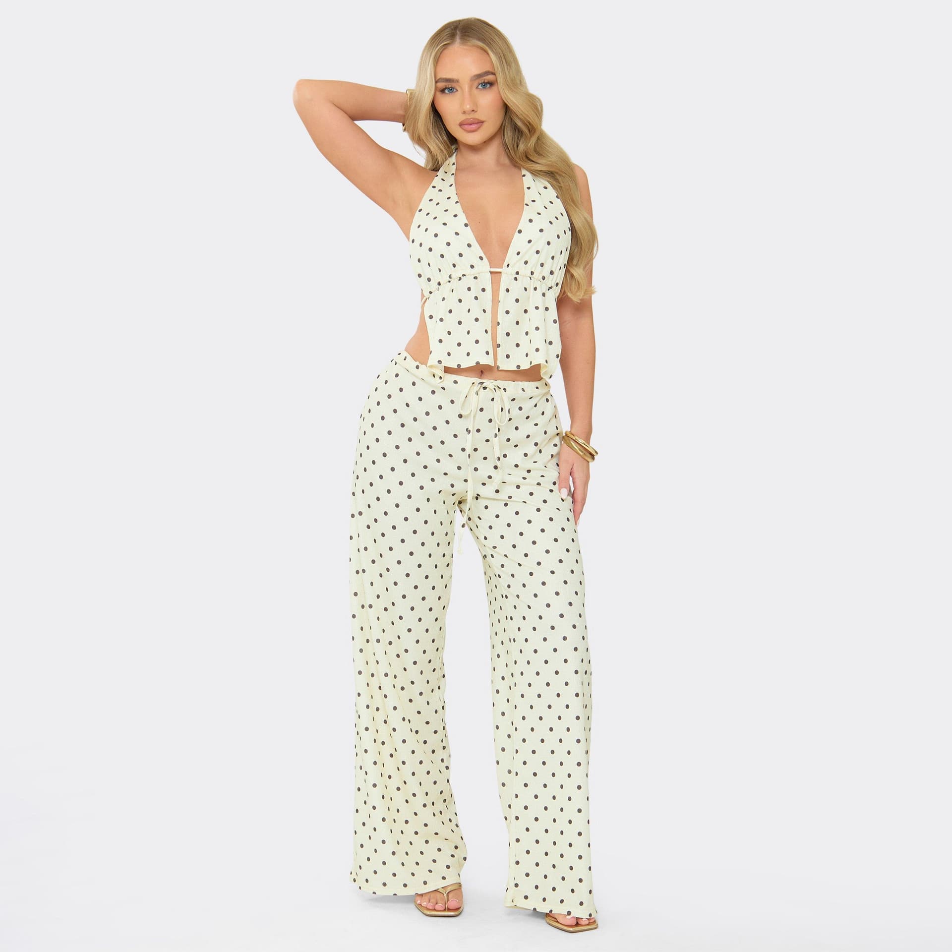 EGO Tie Waist Wide Leg Trousers In Lemon Polka Dot, Women's Size UK 6