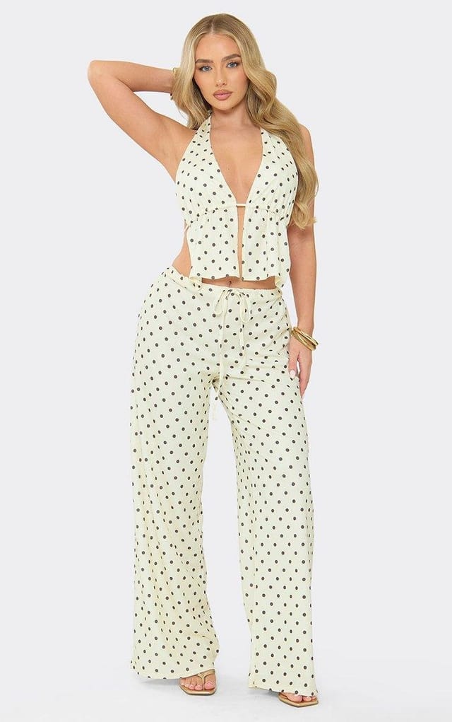 EGO Tie Waist Wide Leg Trousers In Lemon Polka Dot, Women's Size UK 6 - 2