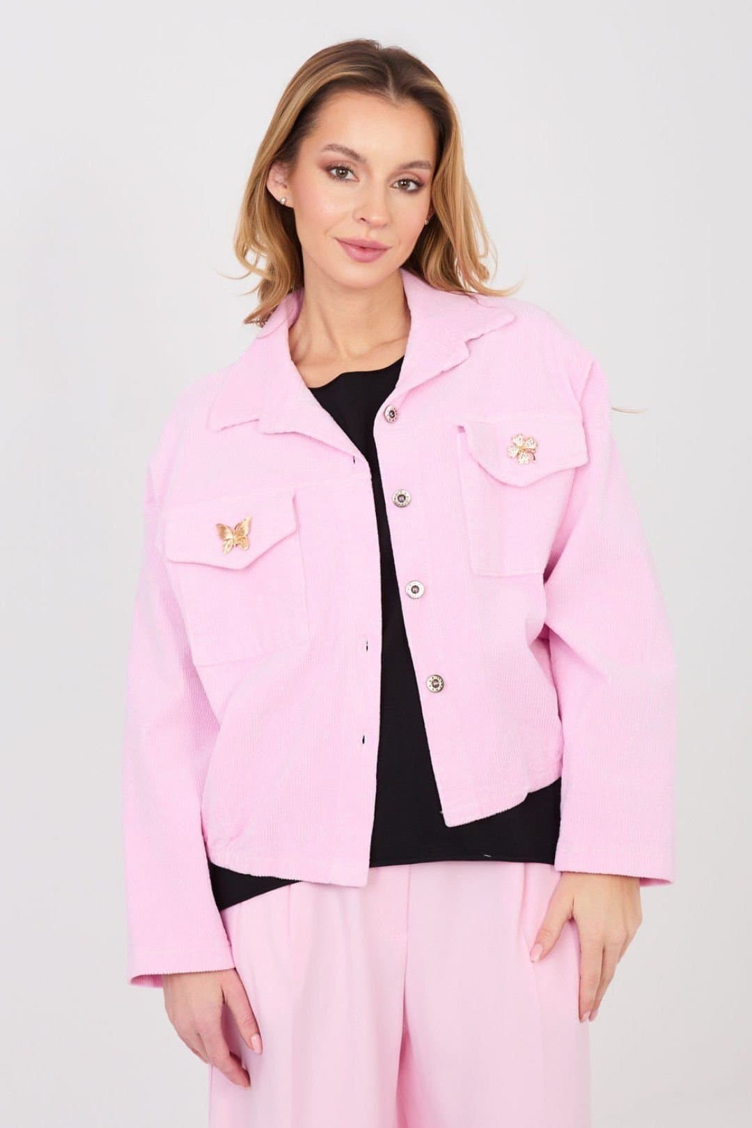 Love Lace Love Lace Women's Corduroy Bomber Jacket with Detachable Brooch in Pink