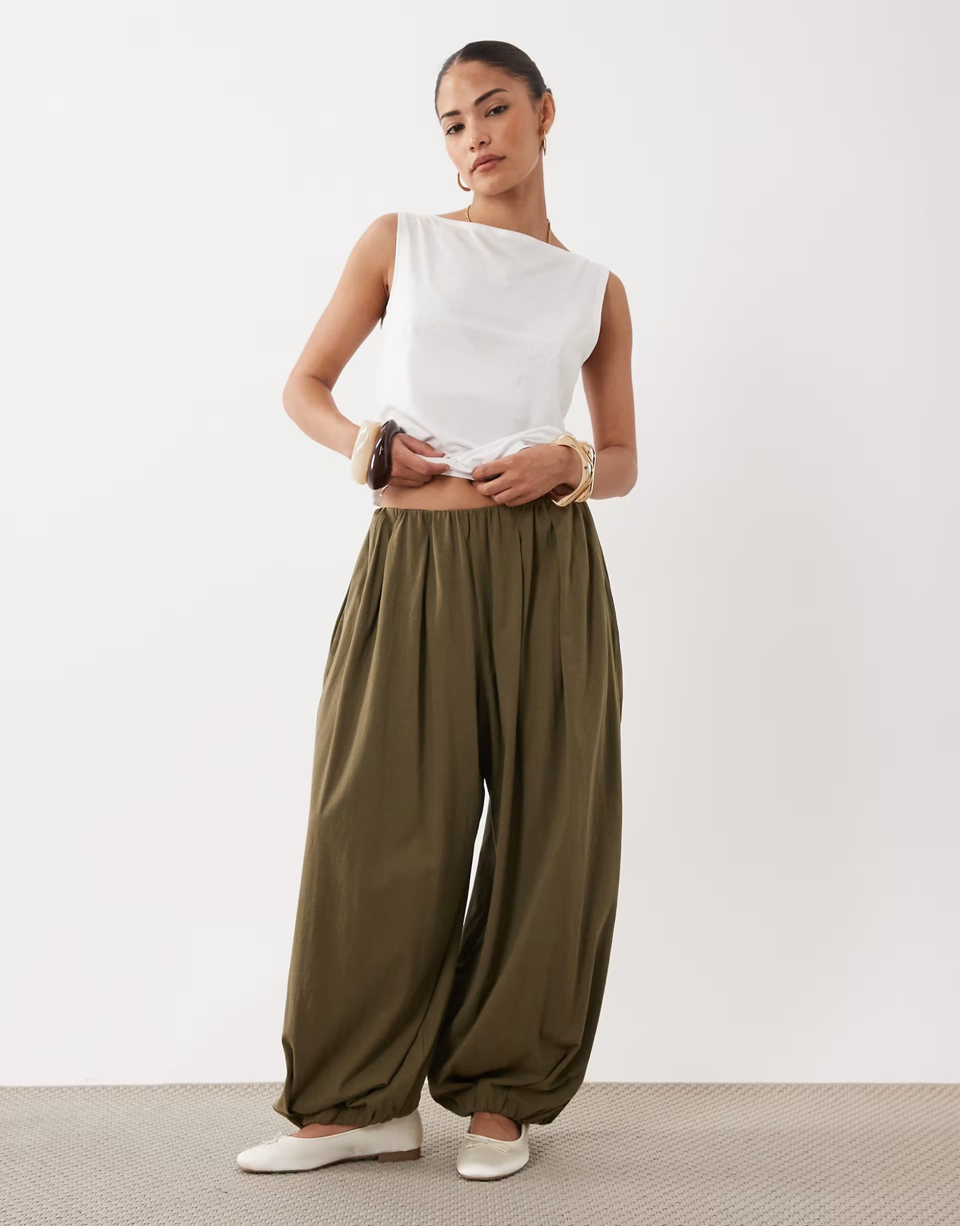 ASOS Miss Selfridge Petite balloon pants in olive