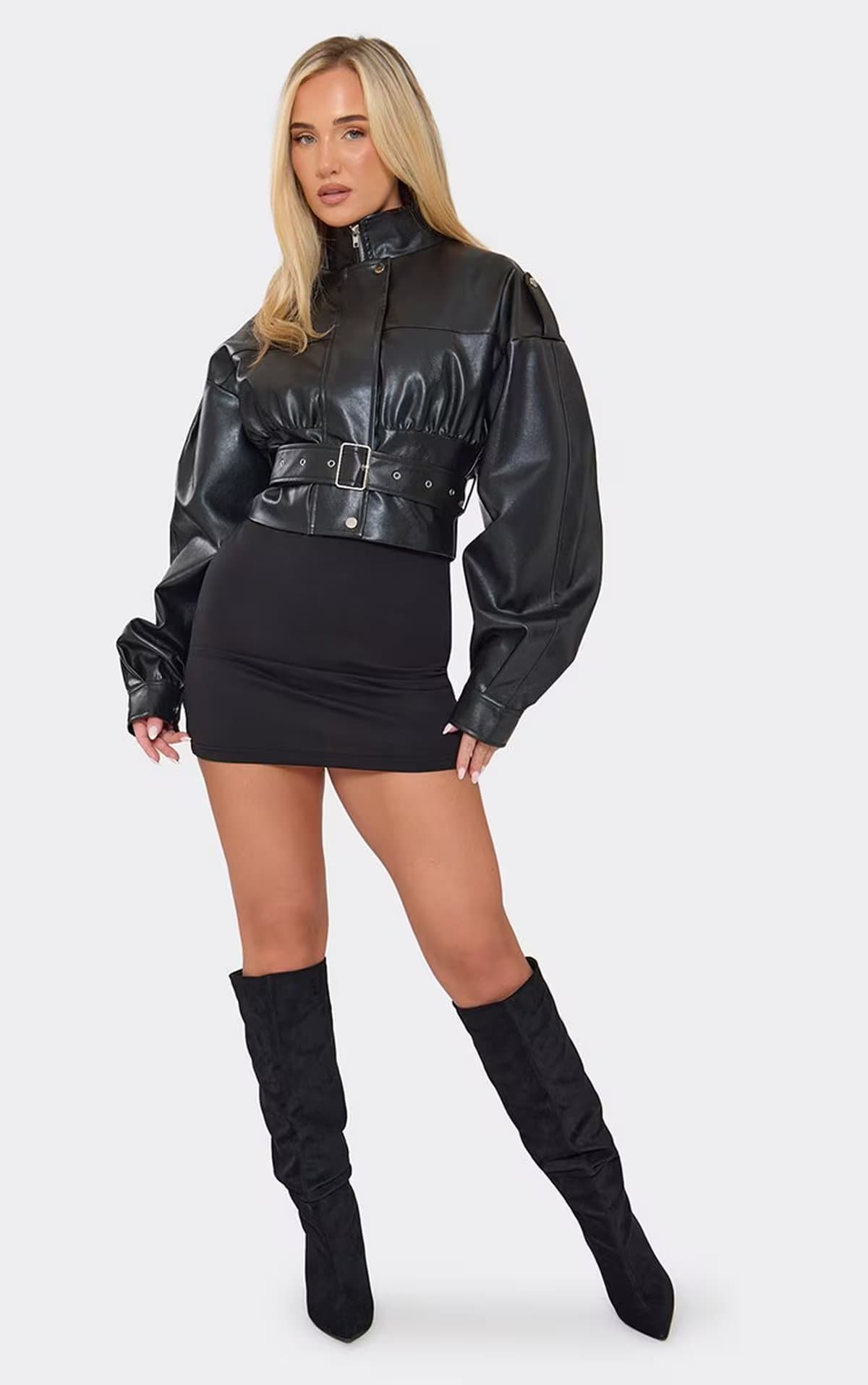 EGO Long Sleeve High Neck Belt Detail Cropped Jacket In Black Faux Leather, Women's Size UK 6