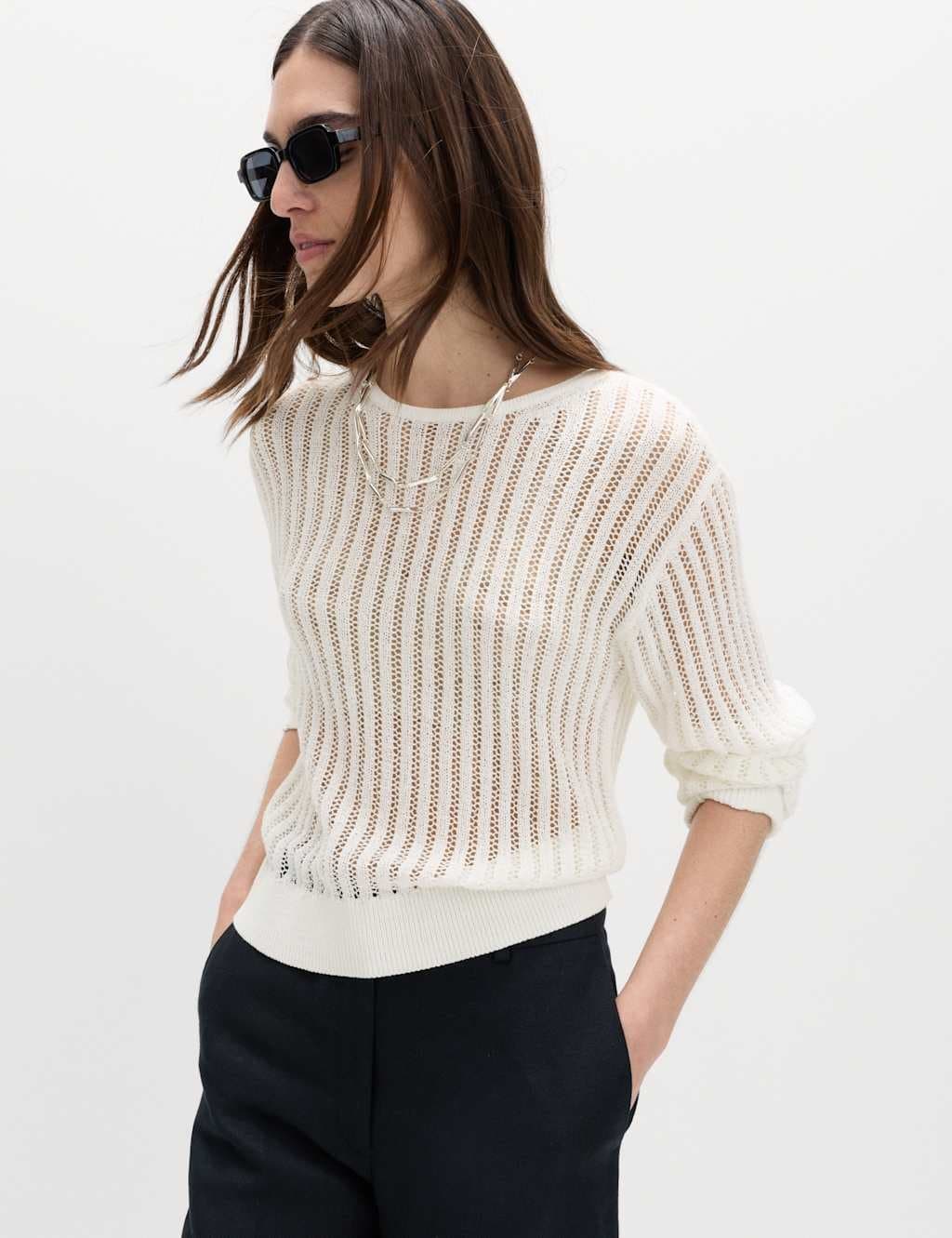 Marks & Spencer M&S Cotton Rich Textured Crew Neck Jumper Soft White