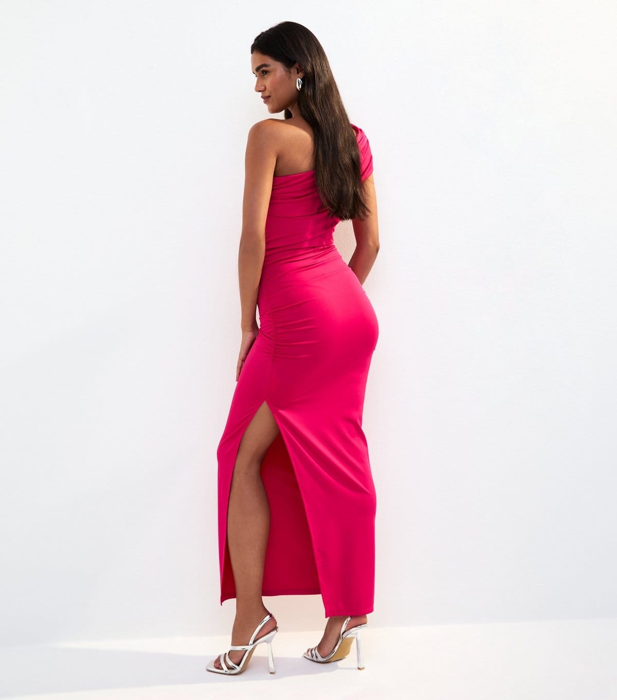 New Look Women's Bright Pink Ruched One Shoulder Slit Hem Midi Dress New Look - 4