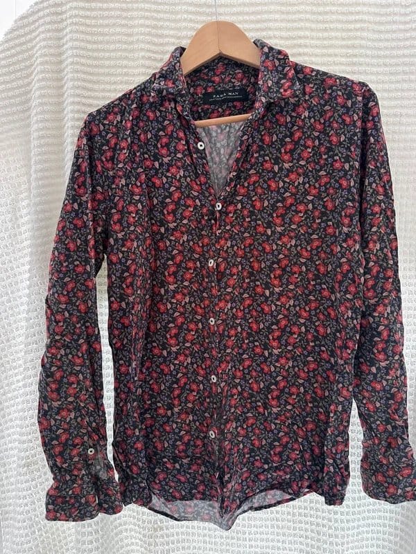Zara Man Burgundy Blue Floral Print Shirt Size M