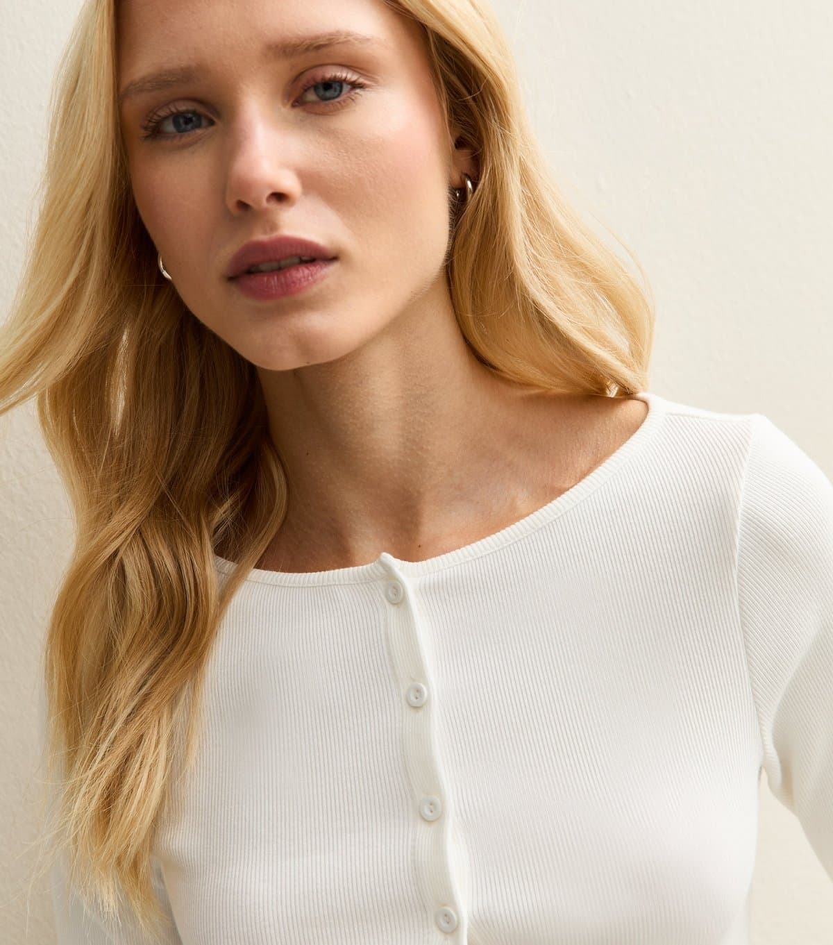 New Look Women's White Rib Button Up Long Sleeve Top New Look