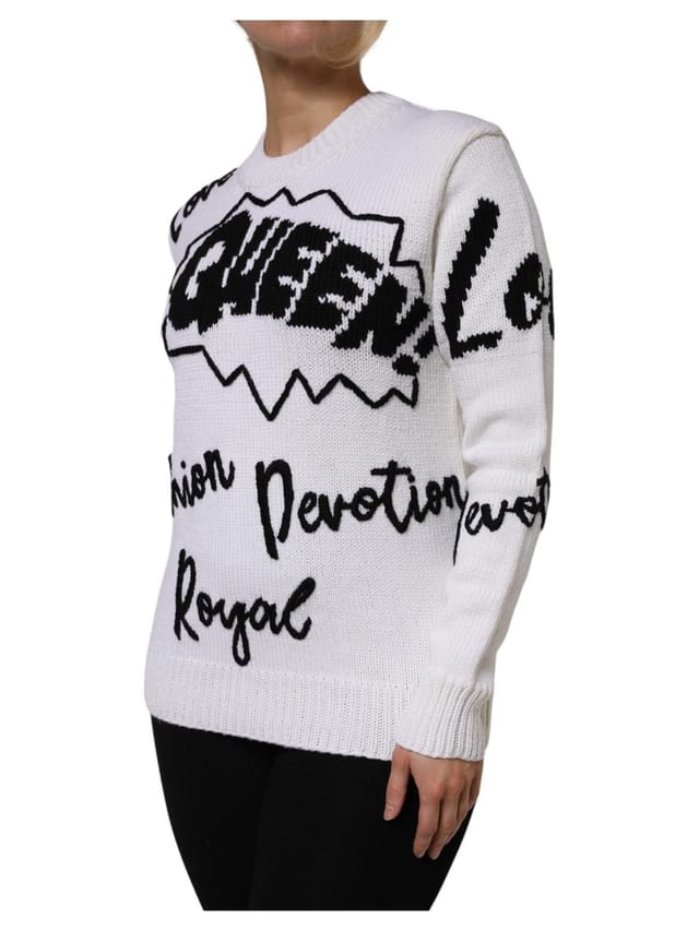 Dolce & Gabbana Dolce & Gabbana Women's White Wool Knit Crew Neck Pullover Sweater in True Black - 2