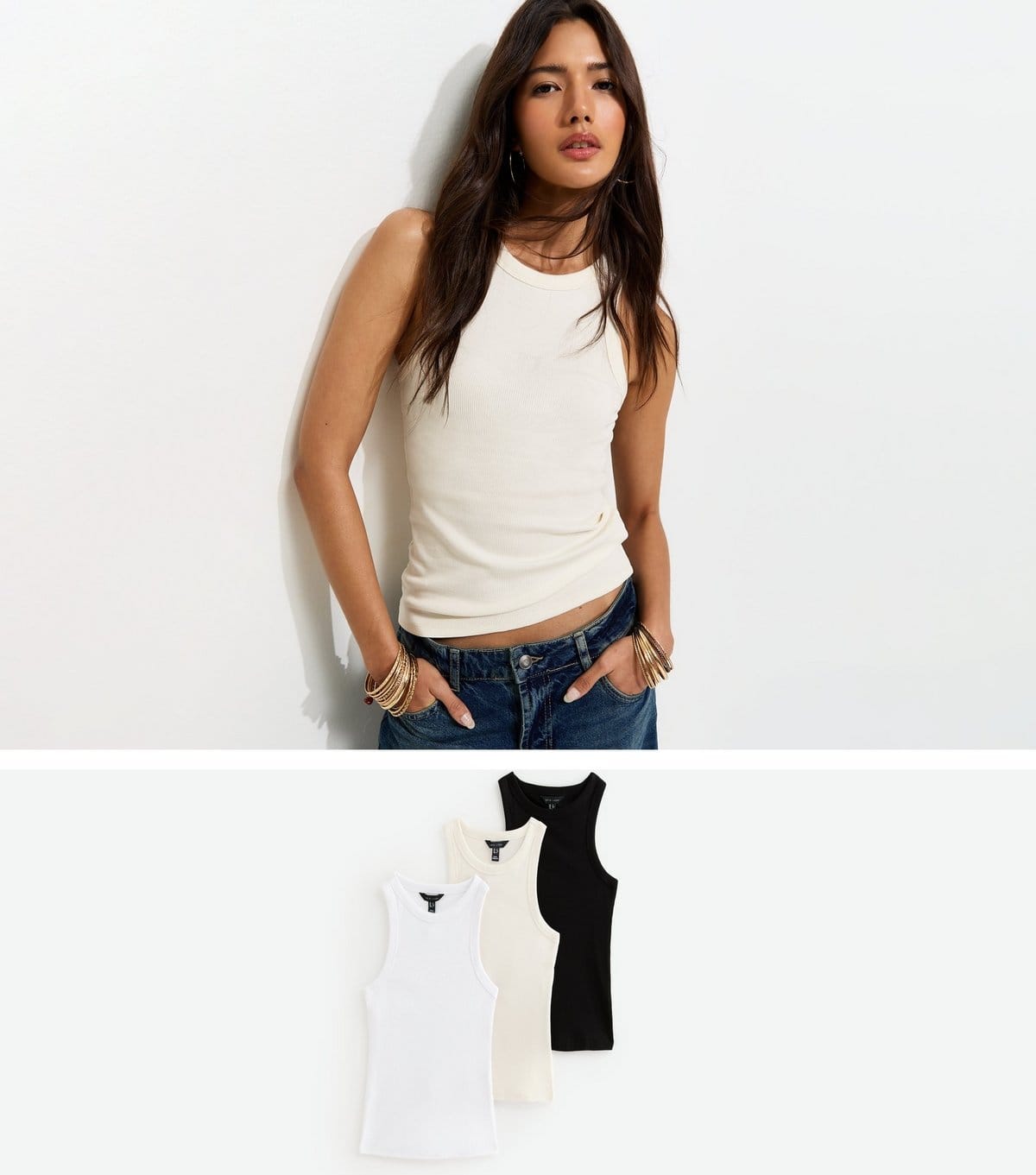 New Look Women's Cream Pack of 3 Racer Back Ribbed Jersey Vest Tops New Look - 1