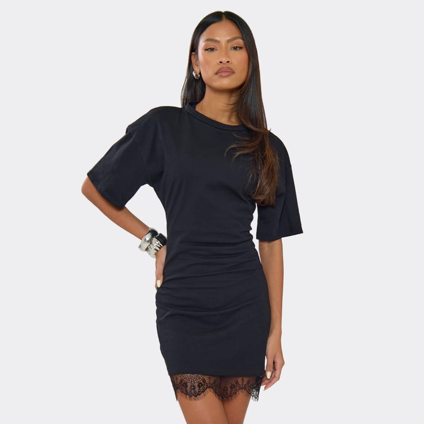 EGO Short Sleeve Lace Trim Cinched Waist T-Shirt Dress In Black, Women's Size UK 6 - 1