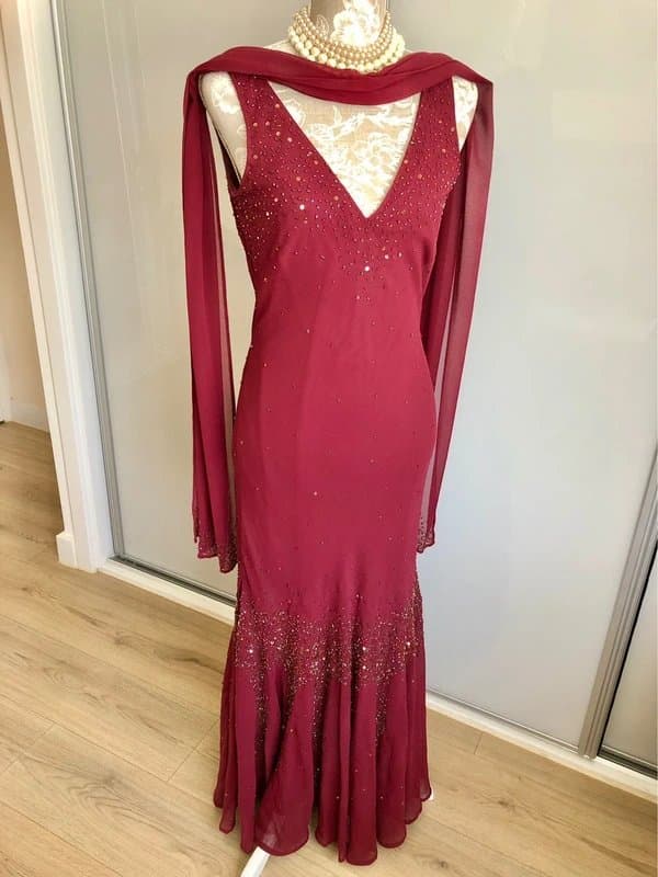 Vintage Dressing Vintage Burgundy Beaded Chiffon Maxi Evening Dress & Scarf