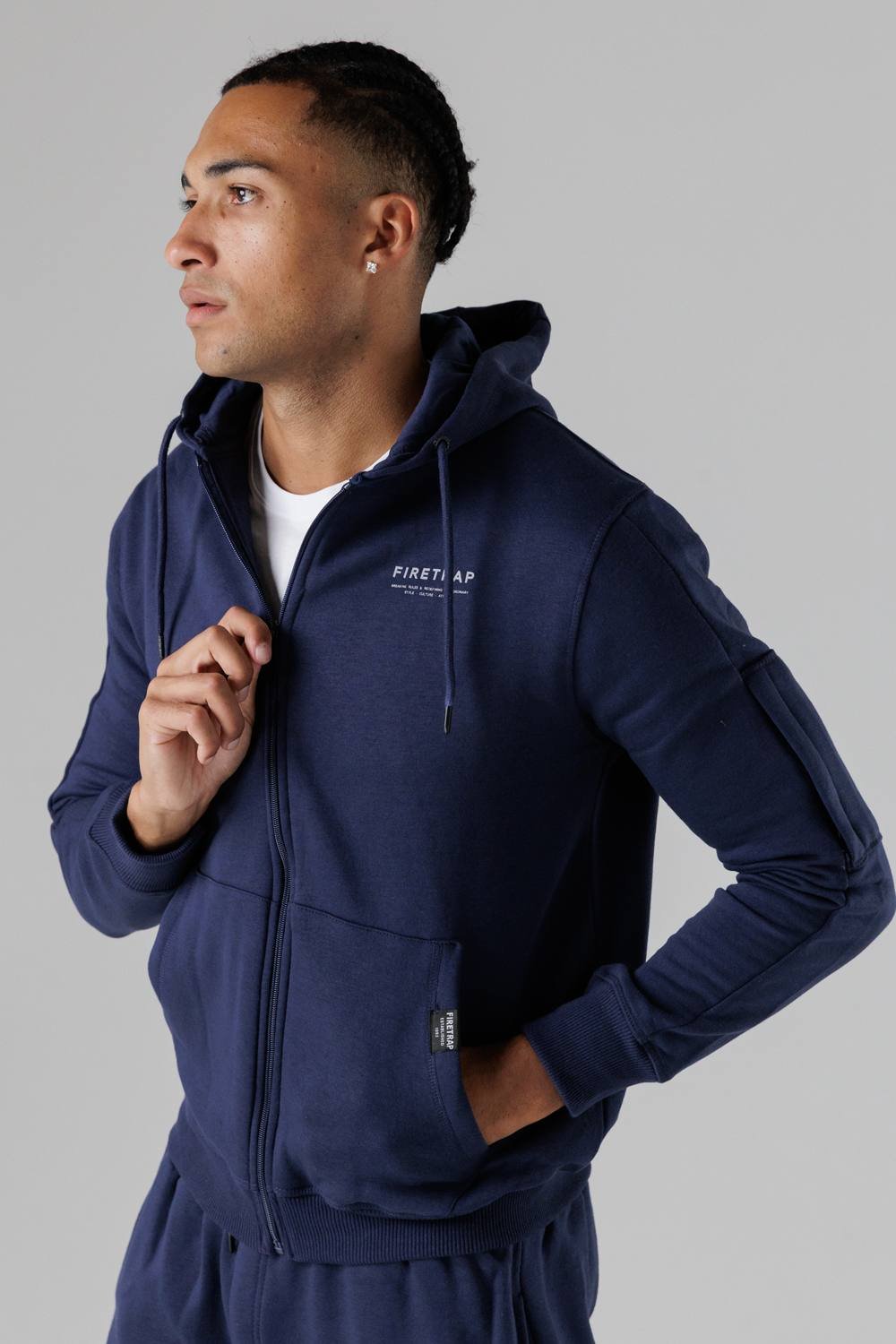 Firetrap Firetrap Men's Regular Fit Zip Through Fleece Hoody with Drawstrings in Dark Navy - 4