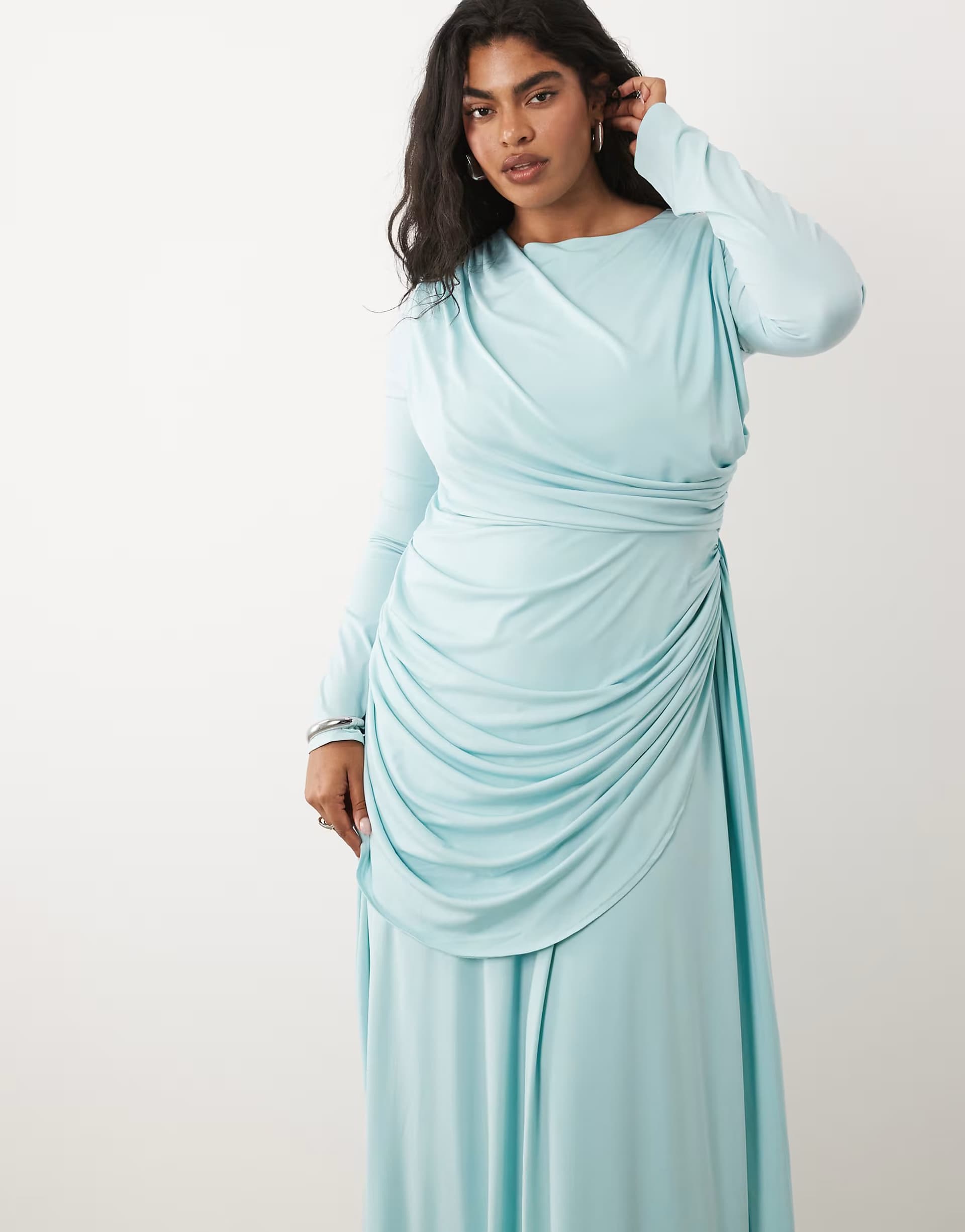 ASOS TFNC Plus slinky draped ruched full skirt maxi dress in baby blue