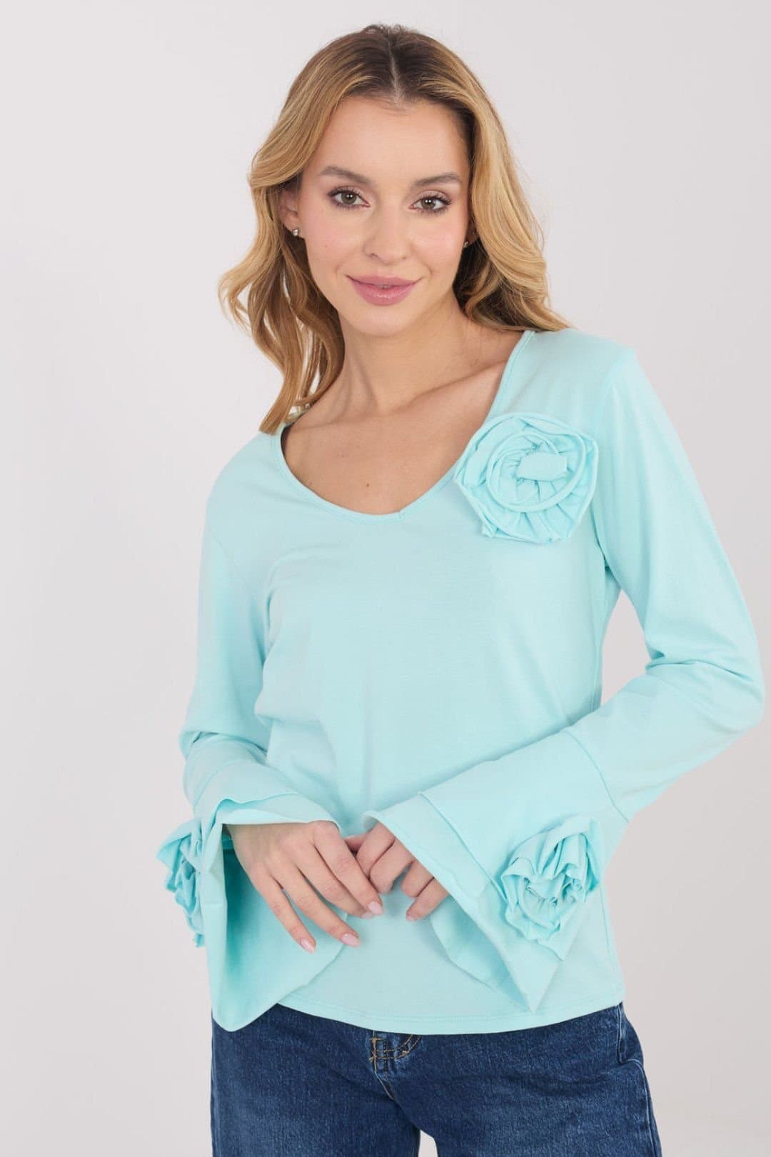 Love Lace Love Lace Women's Elegant Cotton Long Sleeve V Neck Bell Blouse in Green