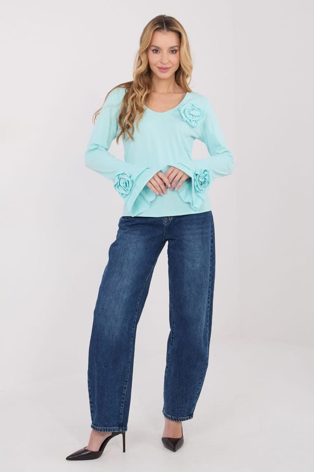 Love Lace Love Lace Women's Elegant Cotton Long Sleeve V Neck Bell Blouse in Green - 2