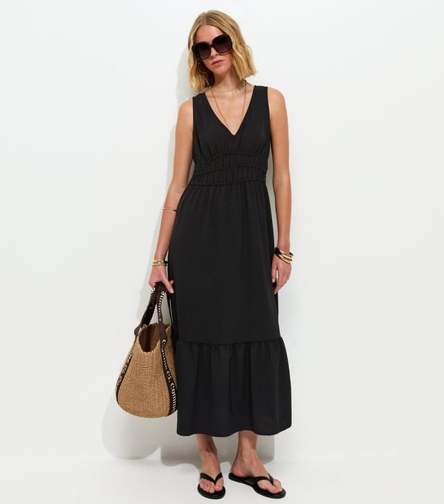 New Look Women's Black Ruched Waist V-Neck Midi Dress New Look - 3