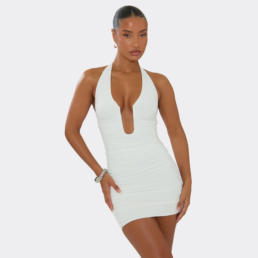 EGO Halterneck Plunge Front Mini Dress In White, Women's Size UK 6 - 1