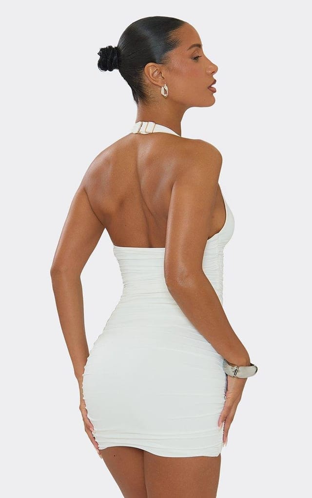 EGO Halterneck Plunge Front Mini Dress In White, Women's Size UK 6 - 2