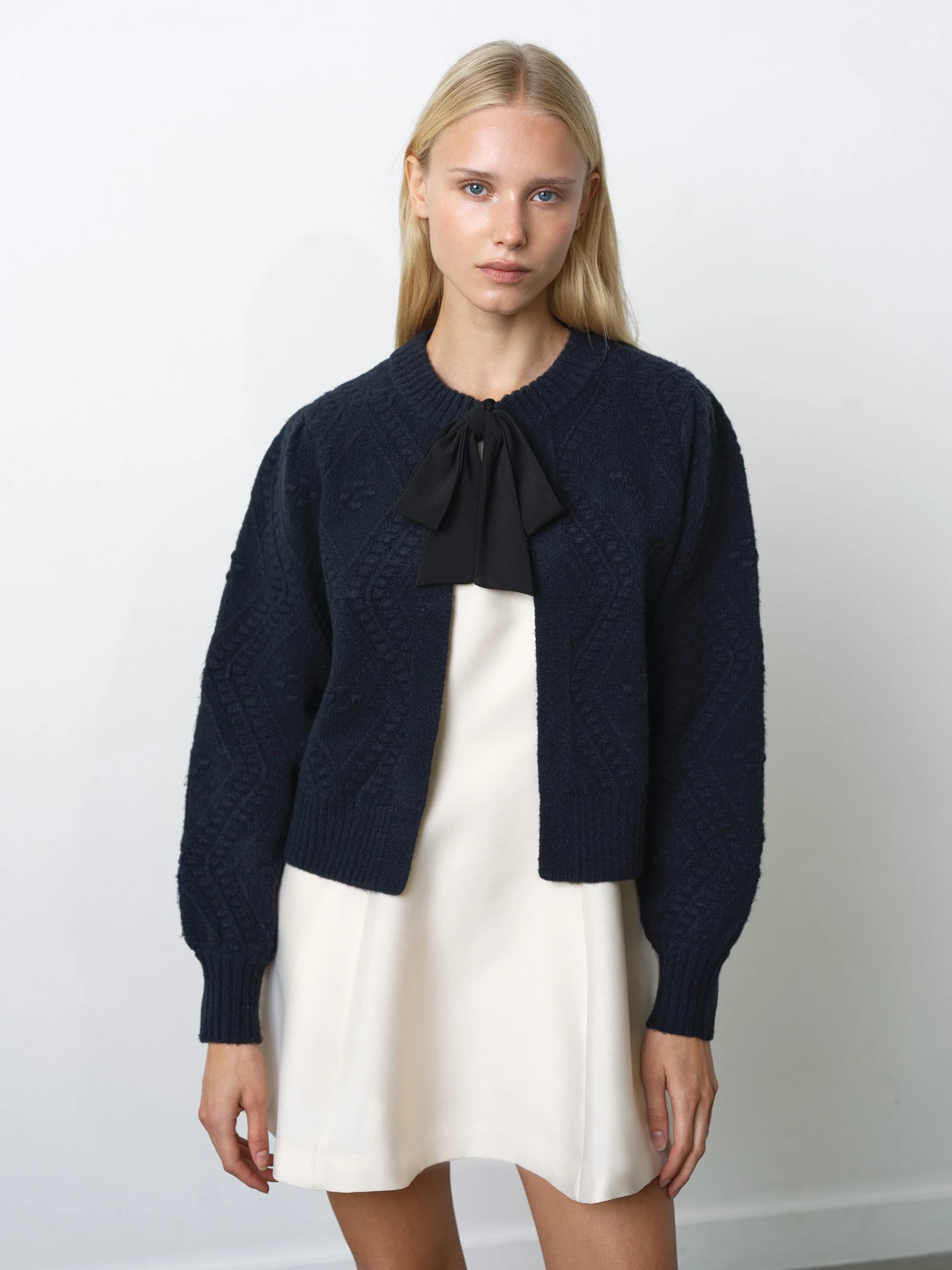 French Connection Kitty Recycled Bobble Bow Cardigan Navy Black