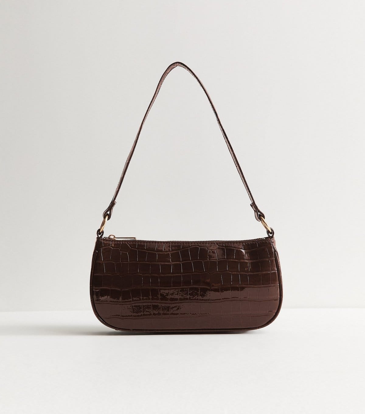 New Look Dark Brown Patent Faux Leather Crocodile Embossed Shoulder Bag New Look - 1